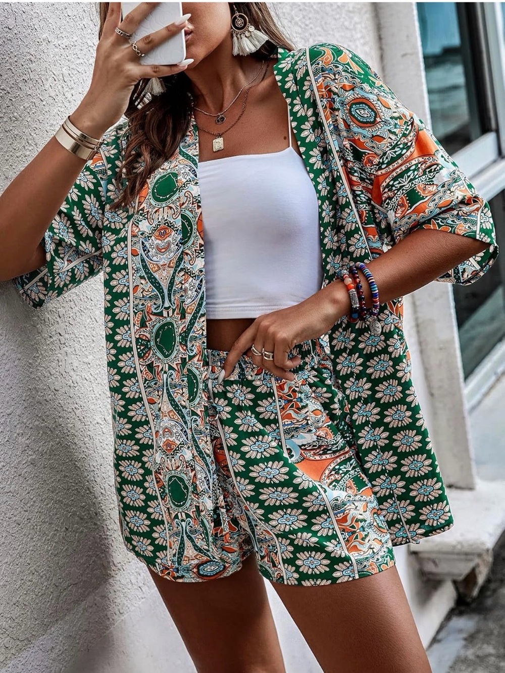 Boho Green Floral Print Open-Front Kimono Top with shorts set
